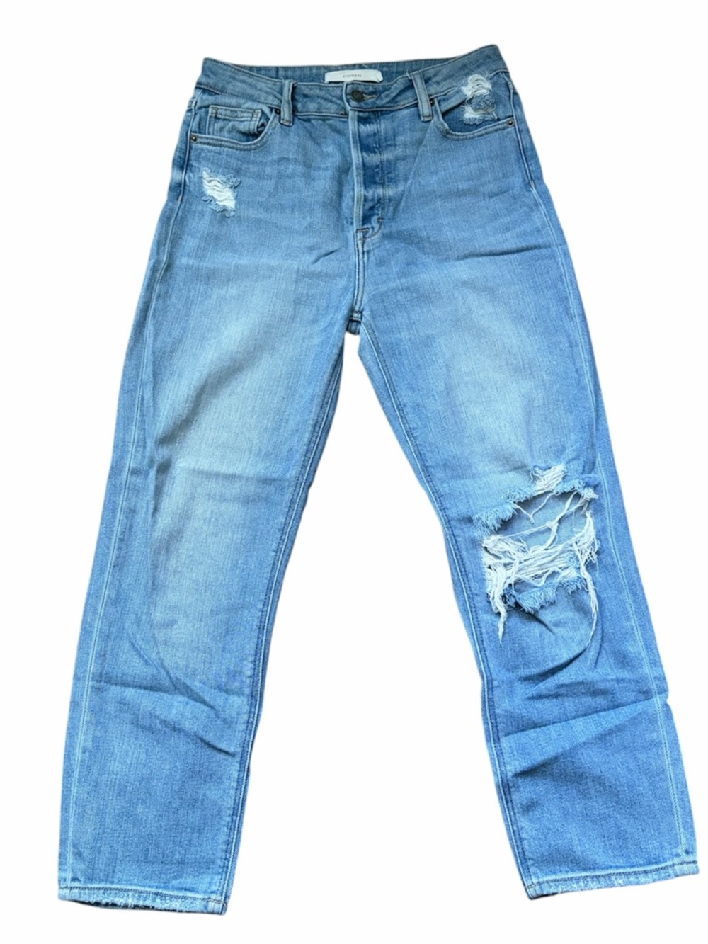 Hidden Distressed Ripped High Waist Baggy Mom Straight Leg Jean (size 27)